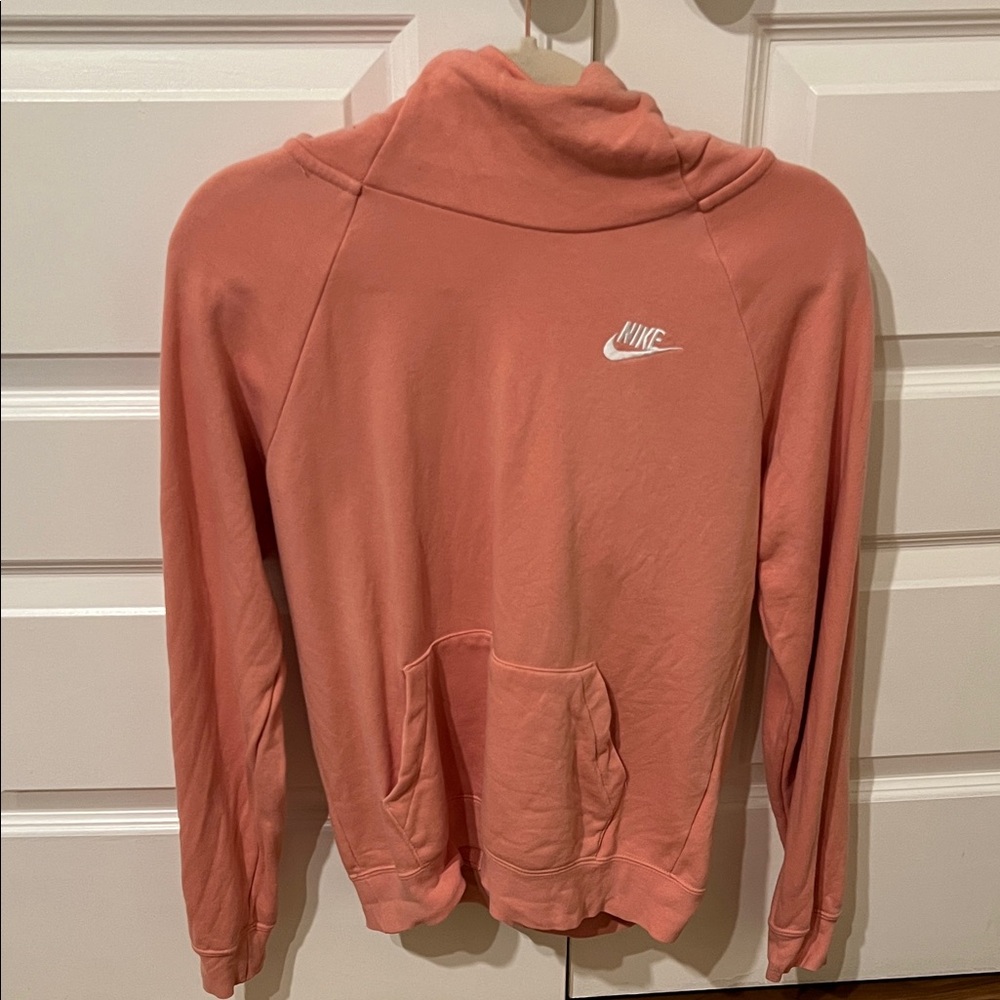 Nike Coral Pink Funnel-Neck Pullover Sweatshirt with White Swoosh